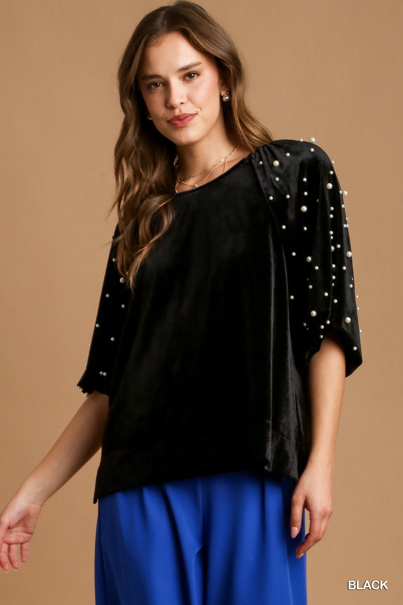 Black Velvet Top - Pearl Detail