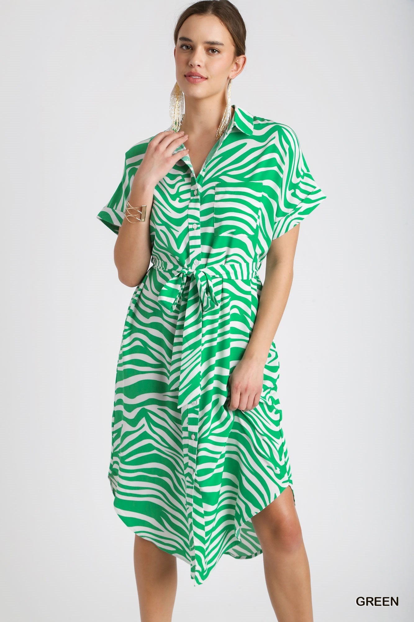 Green & White Zebra Print Midi Shirt Dress