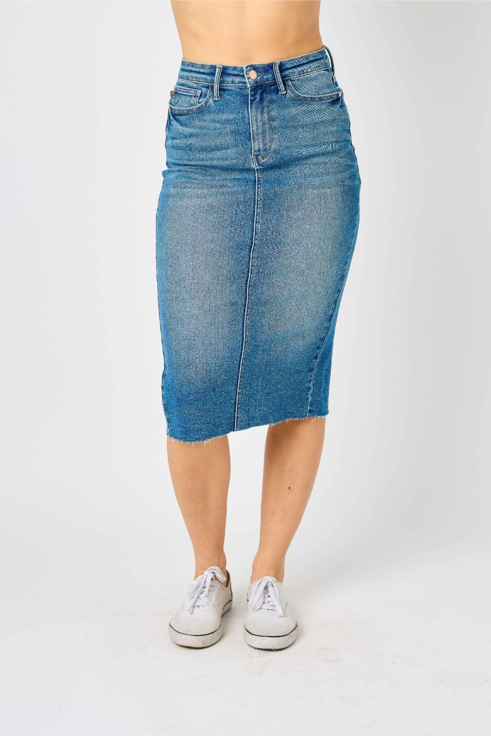 Mid length denim skirts high waisted best sale