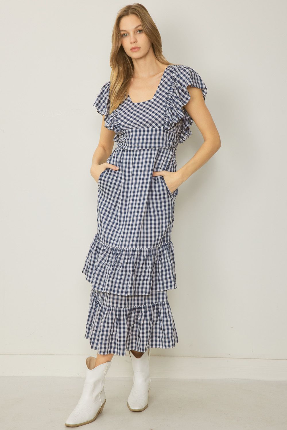 Navy and white gingham dress best sale