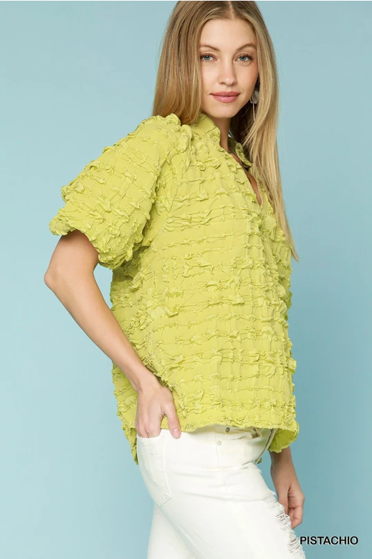 Pistachio Ruffled Elegance V-Neck Blouse