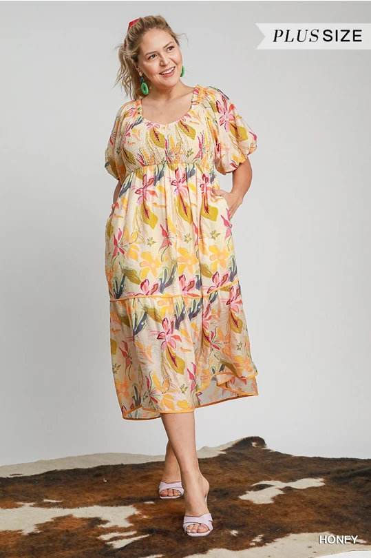 Honey Yellow Floral Smocked Midi Dress