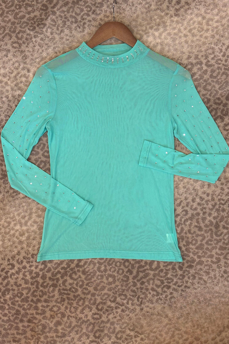 Turquoise Long Sleeve Mesh Top w/ Rhinestone Details