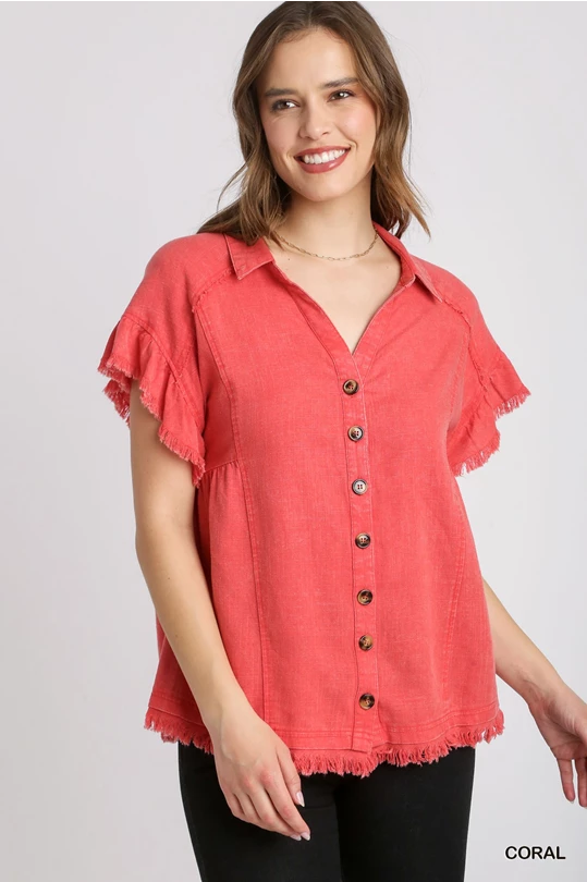 Coral Mineral Wash Linen Blend Button Down Top