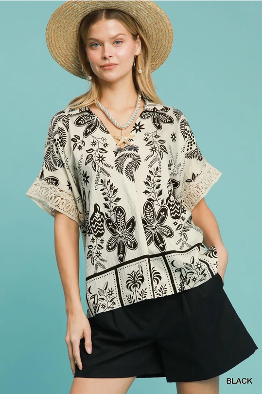 Cream & Black Abstract Border Print Top