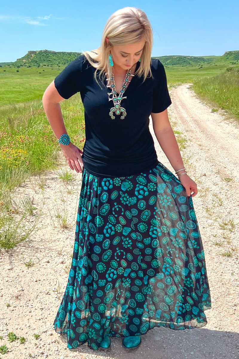 Turquoise Concho & Squash Blossoms on Black Mesh Dress or Maxi Skirt