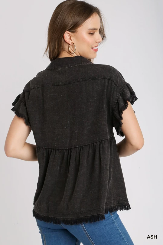 Black Mineral Wash Linen Blend Button Down Top