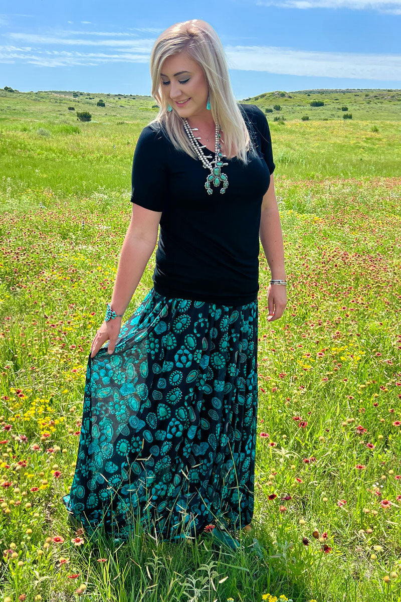 Turquoise Concho & Squash Blossoms on Black Mesh Dress or Maxi Skirt