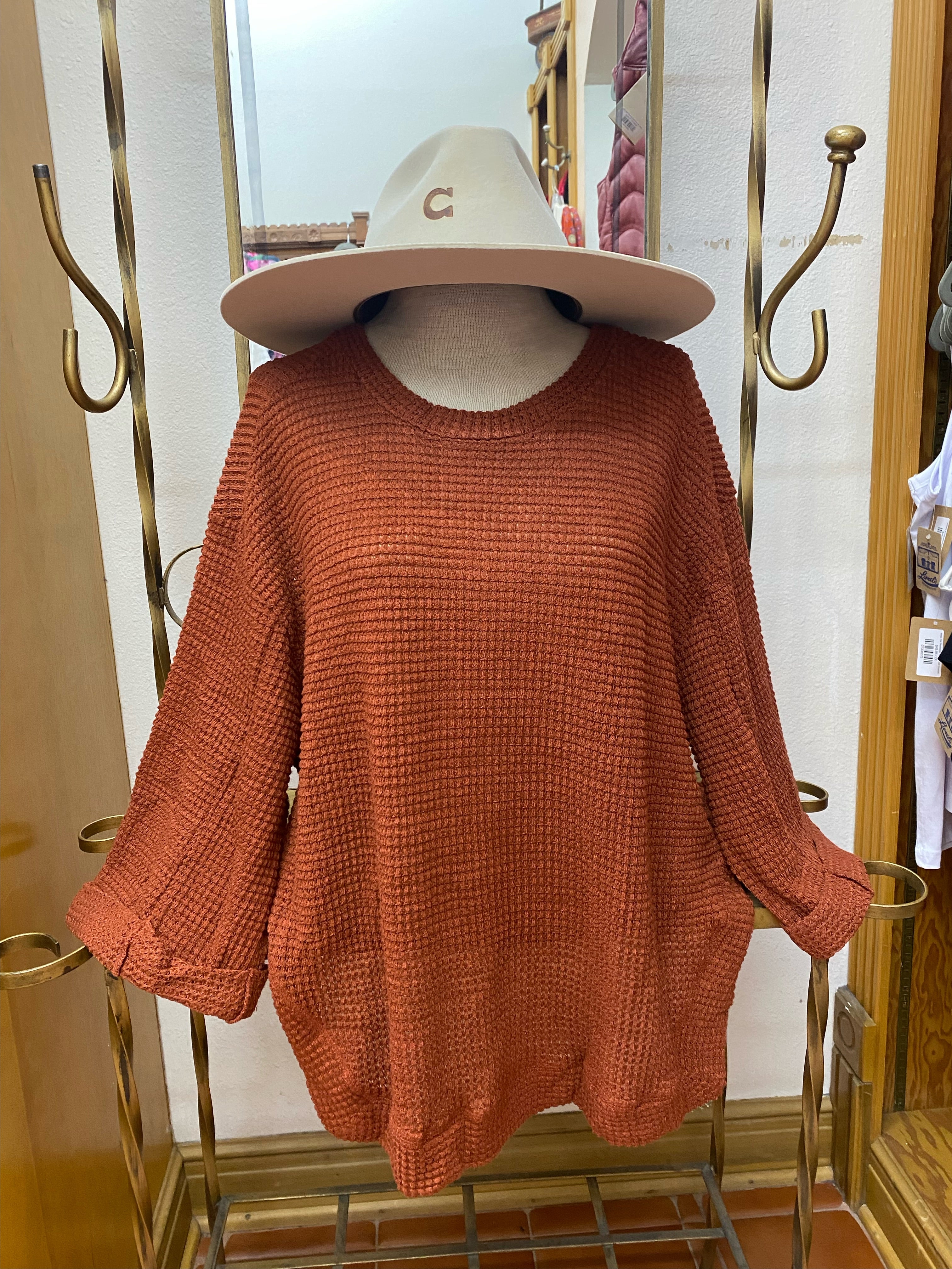 Rust Waffle Knit 3/4 Sleeve Round Neck Top