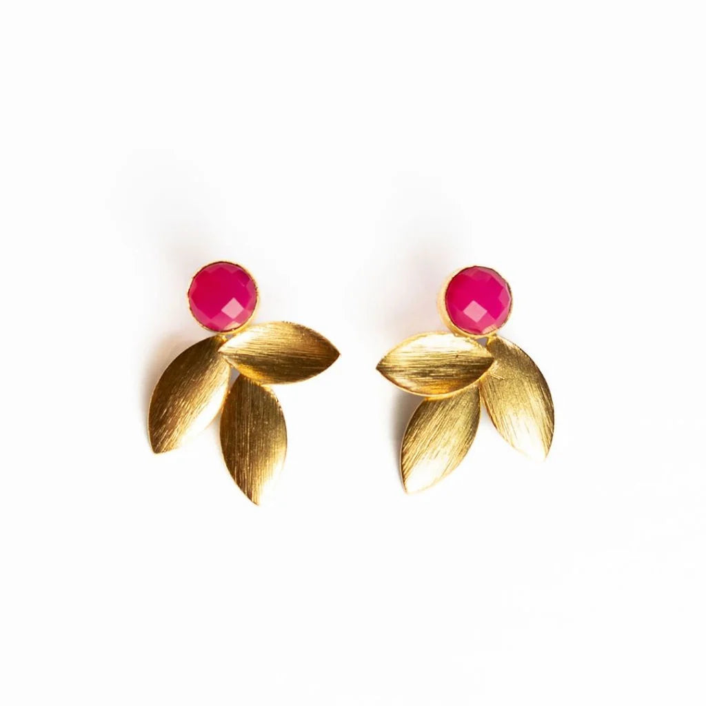 Gold Leaf Small Stone Earring- Fuchsia