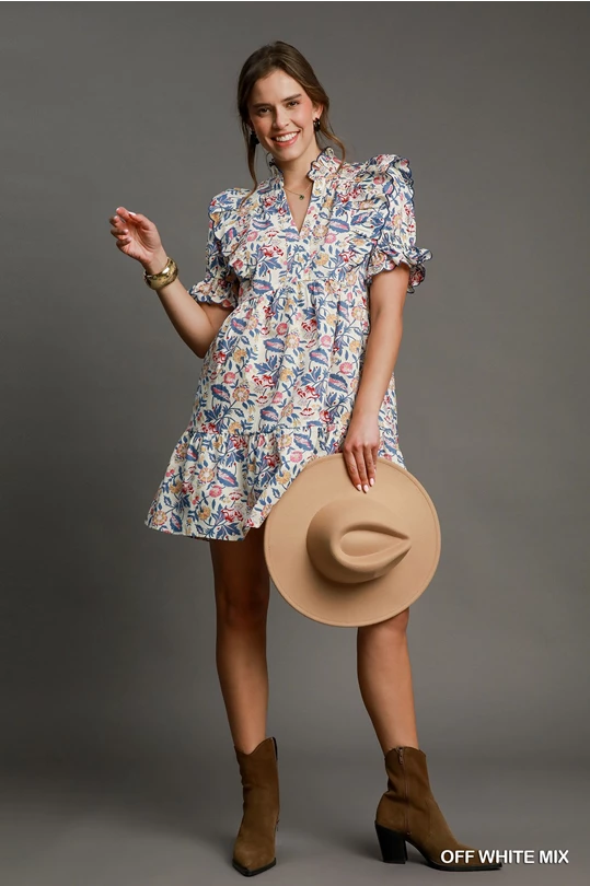 Off White Mix Floral Ruffle Sleeve Mini Dress