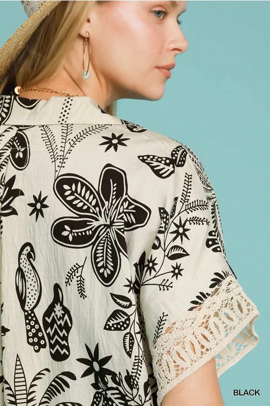 Cream & Black Abstract Border Print Top