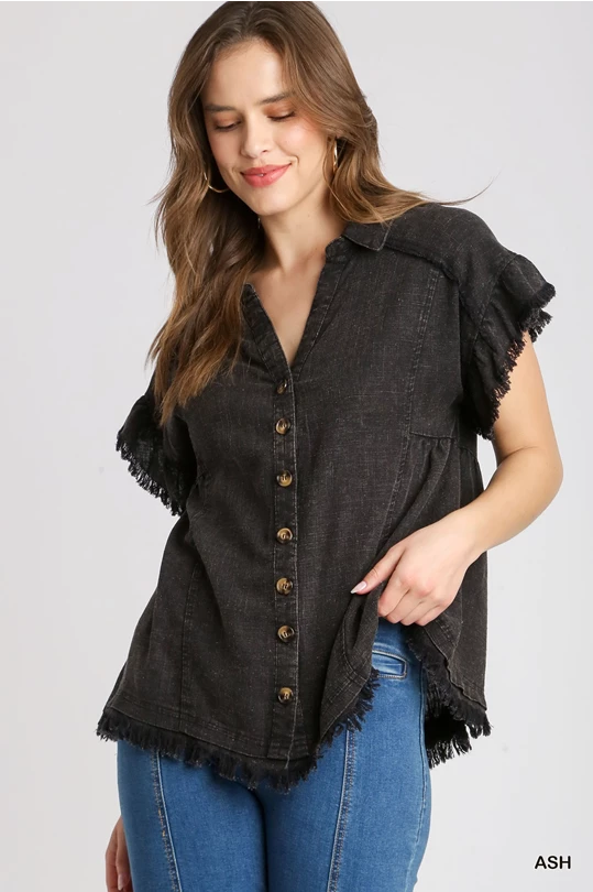 Black Mineral Wash Linen Blend Button Down Top