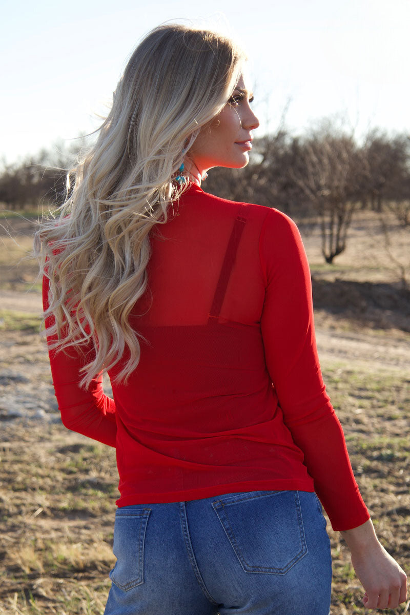 Solid Red Long Sleeve Mesh Top