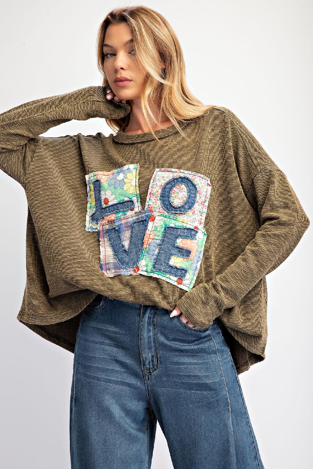 Olive Love Patch Rib Knit Mineral Washed Top