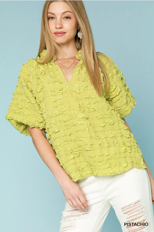 Pistachio Ruffled Elegance V-Neck Blouse