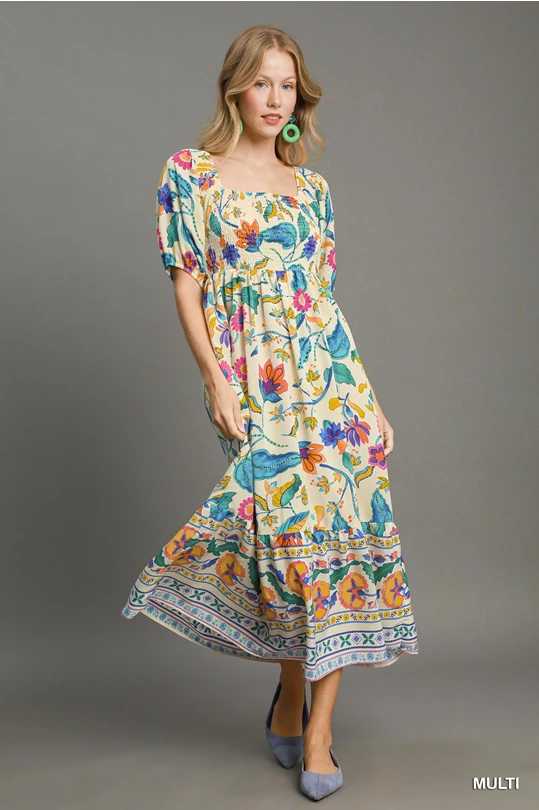 Multi Color Floral Print Midi Dress