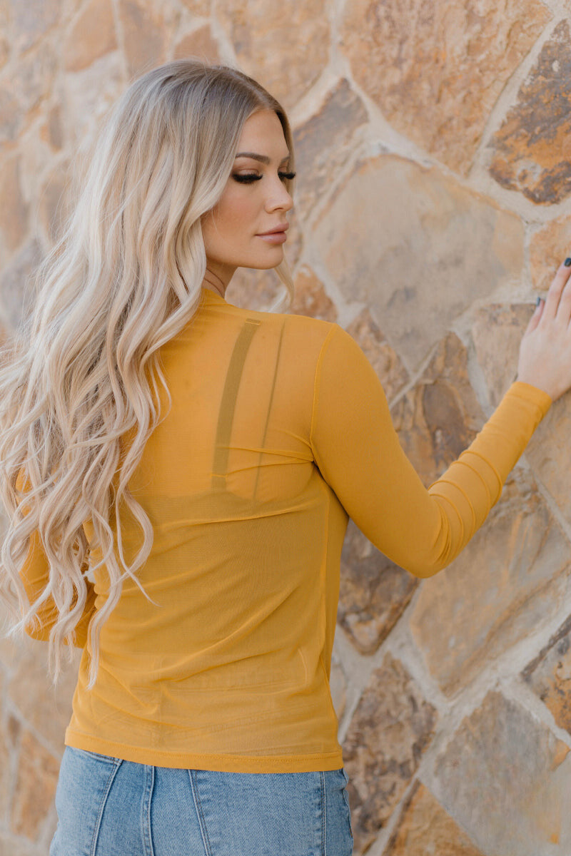 Solid Mustard Long Sleeve Mesh Top