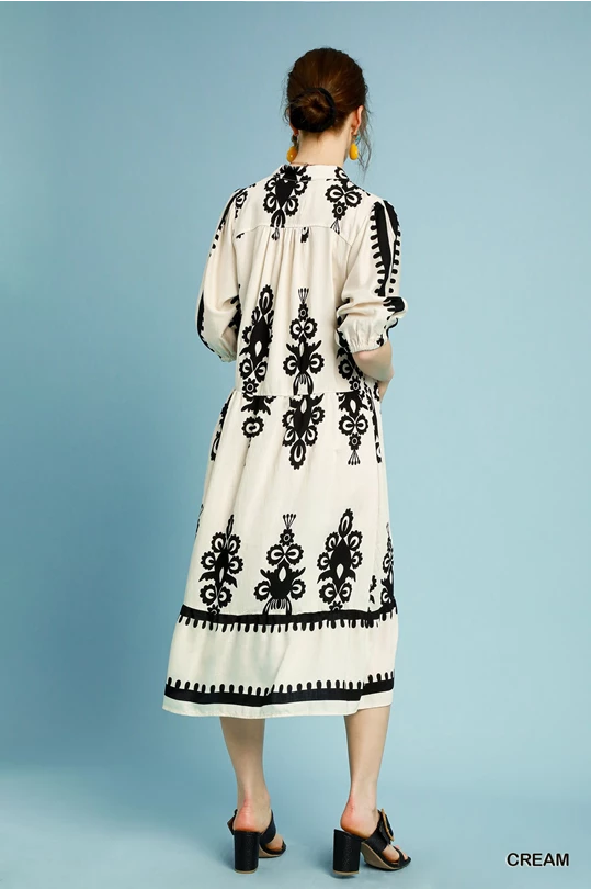 Cream & Black Two Tone Abstract Print Dress