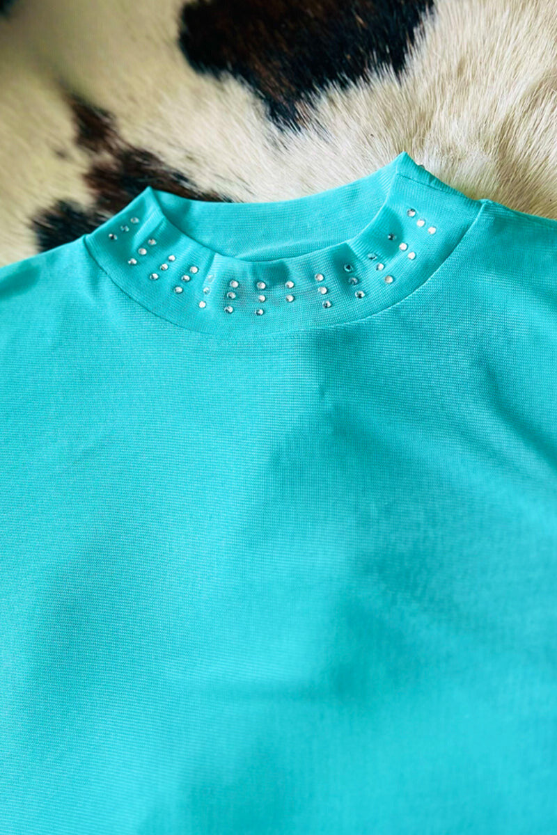 Turquoise Long Sleeve Mesh Top w/ Rhinestone Details