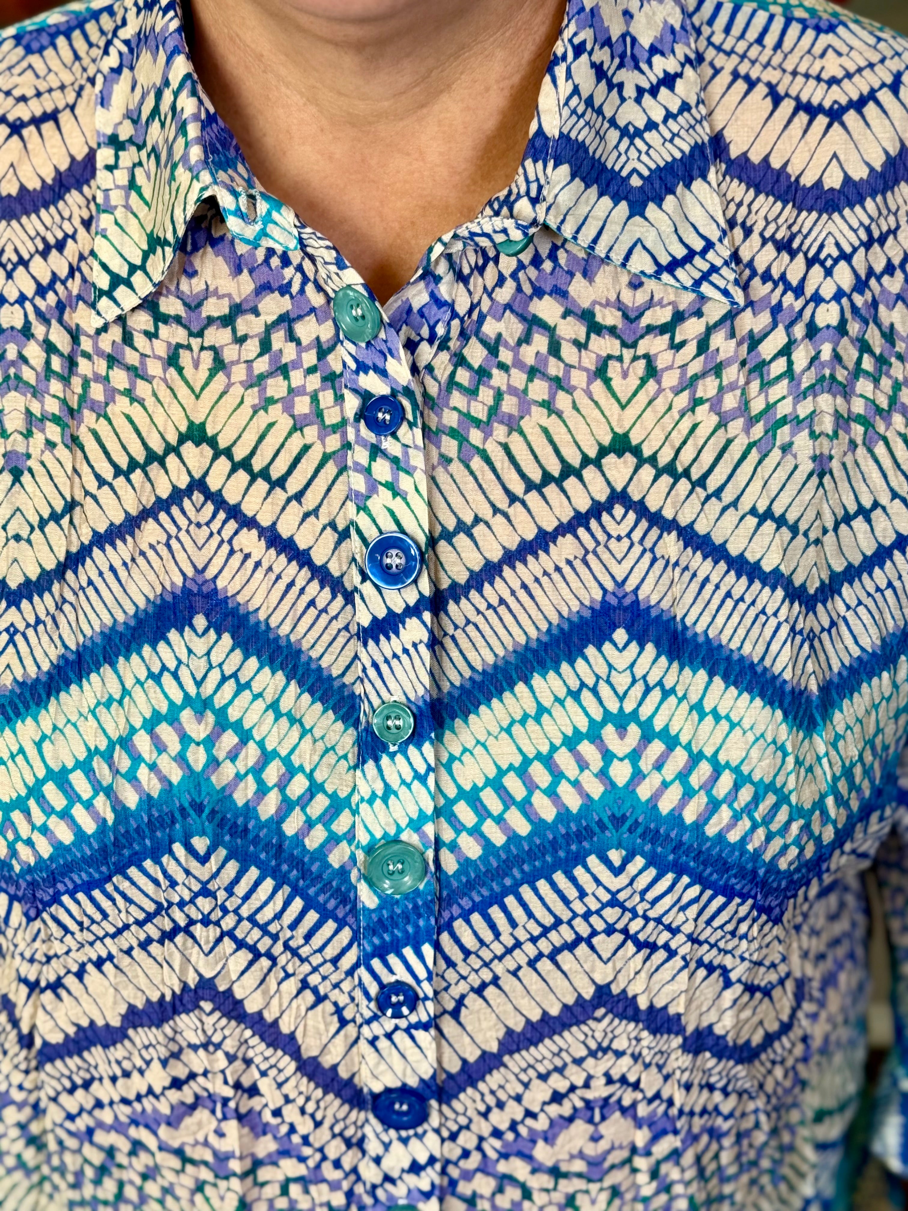 Shades of Turquoise & Blue Button Front Top by Ethyl