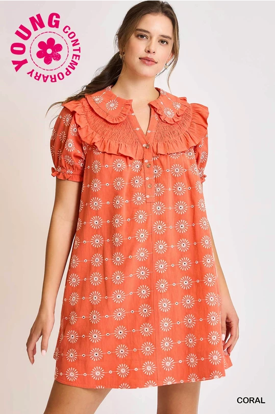 Coral Vintage-Inspired Ruffle Collar Mini Dress