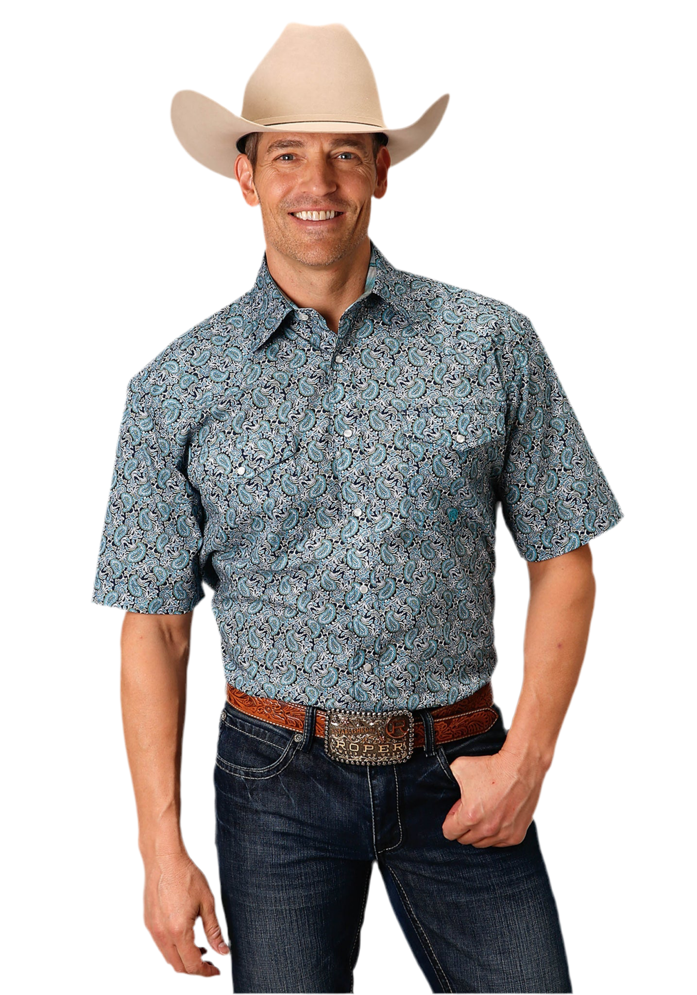 Men's Short Sleeve Snap Peacock Paisley Western Shirt