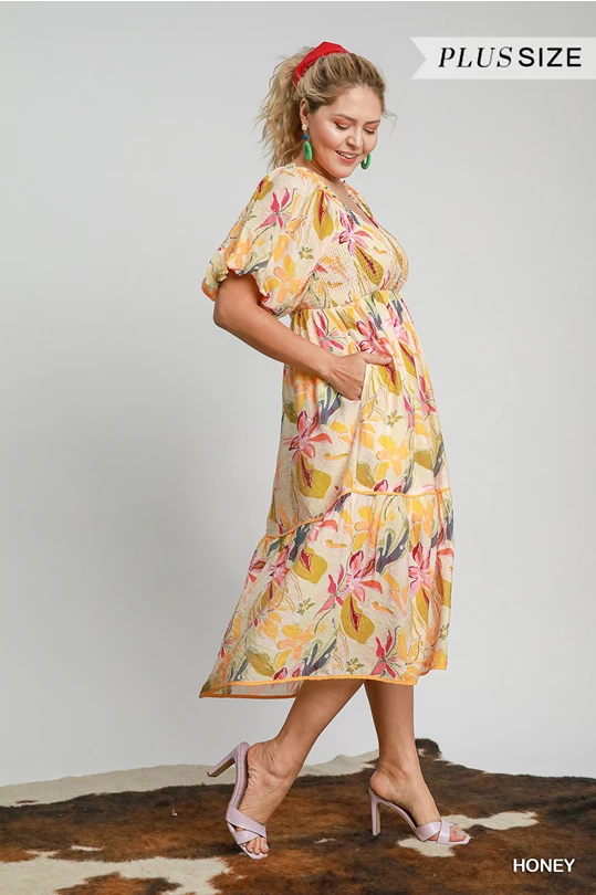 Honey Yellow Floral Smocked Midi Dress