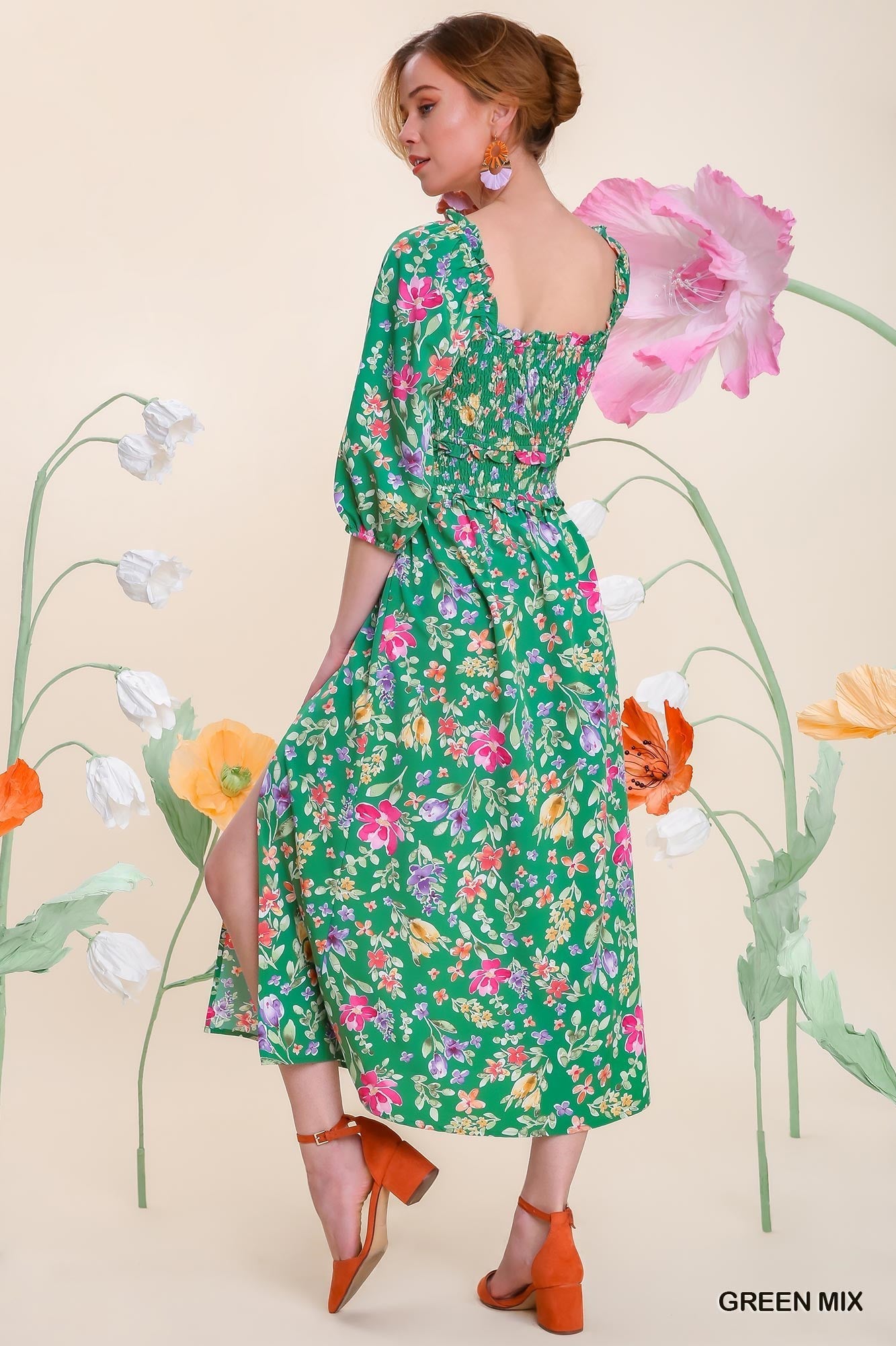 Green Mix Floral Print Smocked Dress