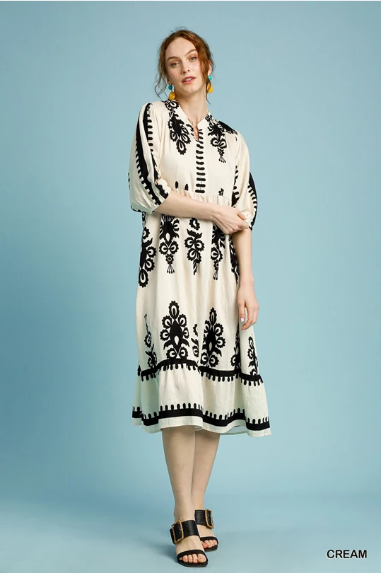 Cream & Black Two Tone Abstract Print Dress