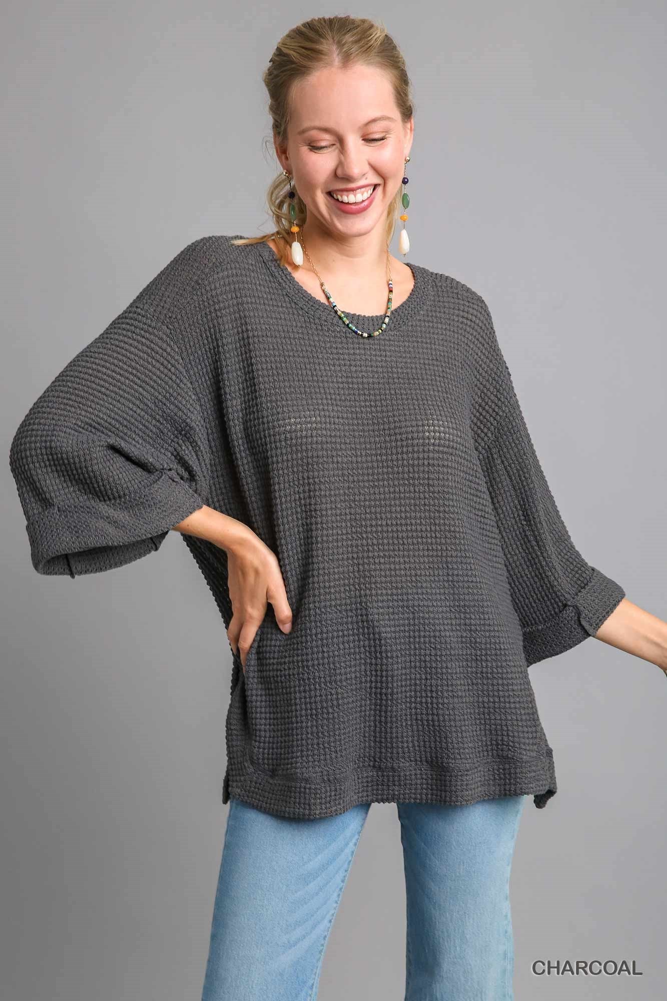 Charcoal Grey Waffle Knit 3/4 Sleeve Round Neck Top