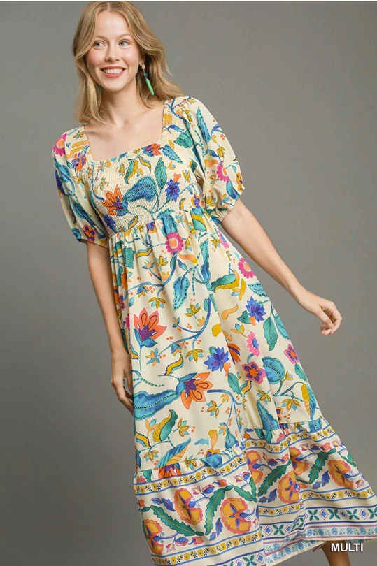 Multi Color Floral Print Midi Dress