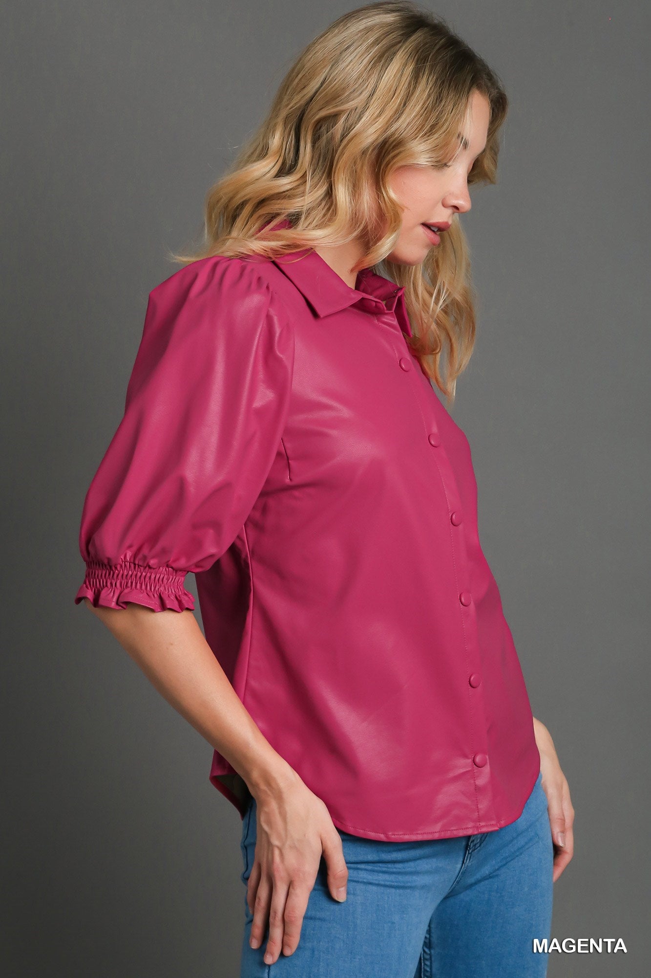 Magenta Puff Sleeve Faux Leather Blouse