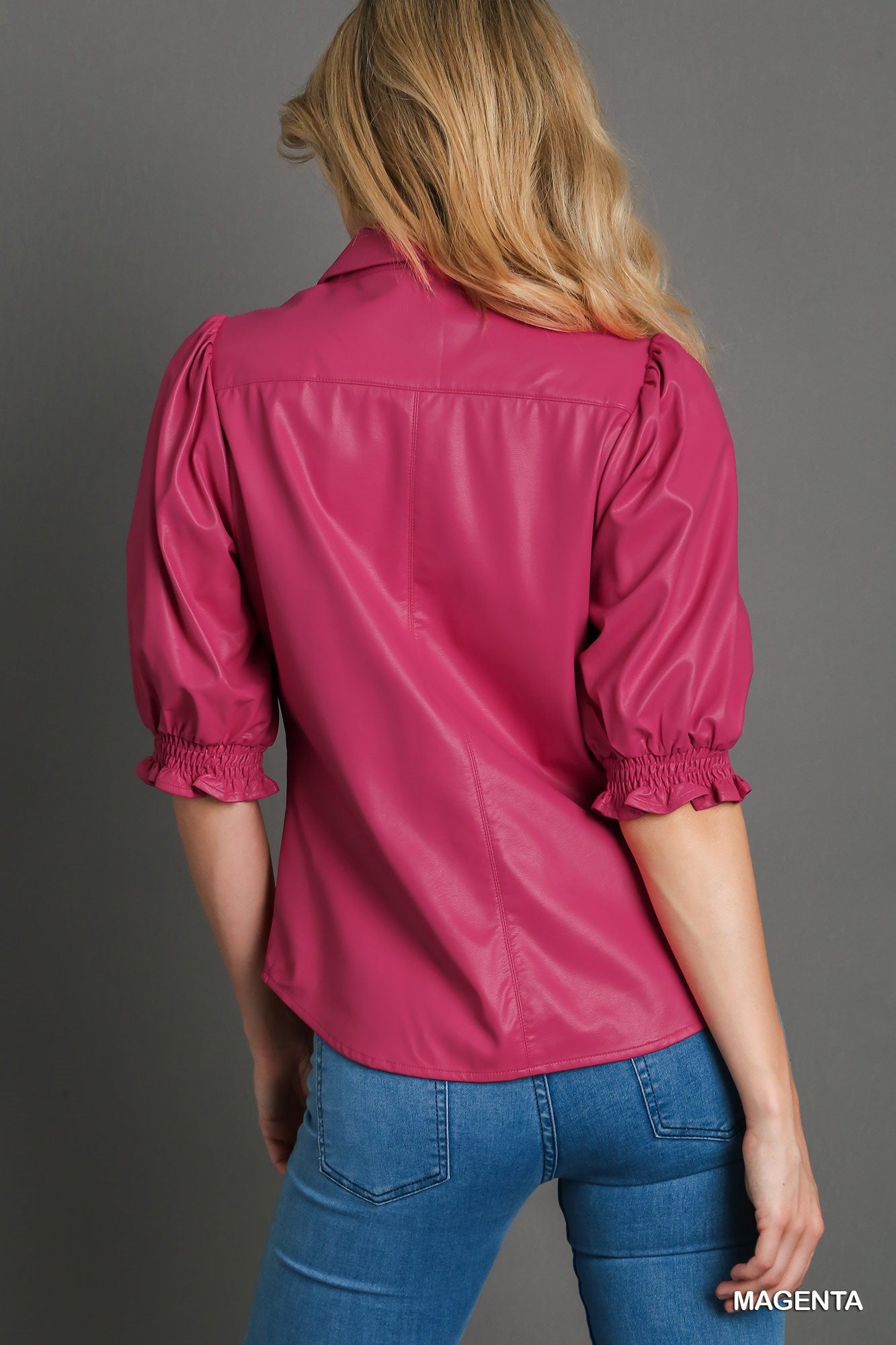 Magenta Puff Sleeve Faux Leather Blouse