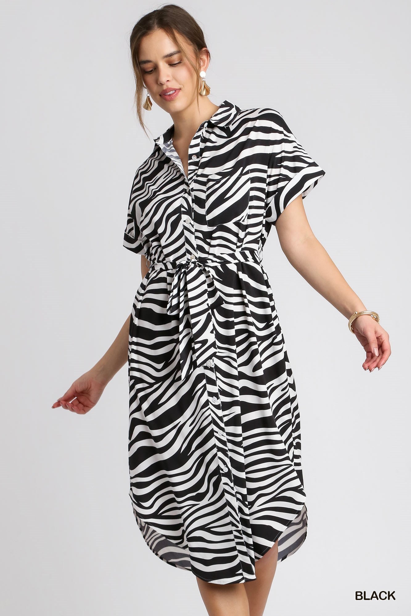 Black & White Zebra Print Midi Shirt Dress