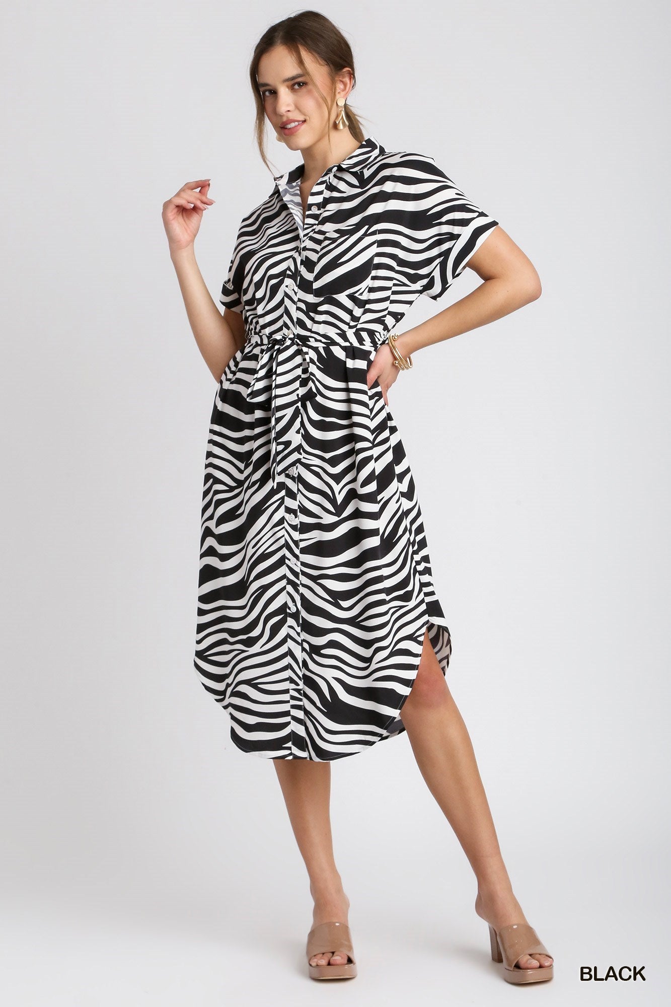 Black & White Zebra Print Midi Shirt Dress