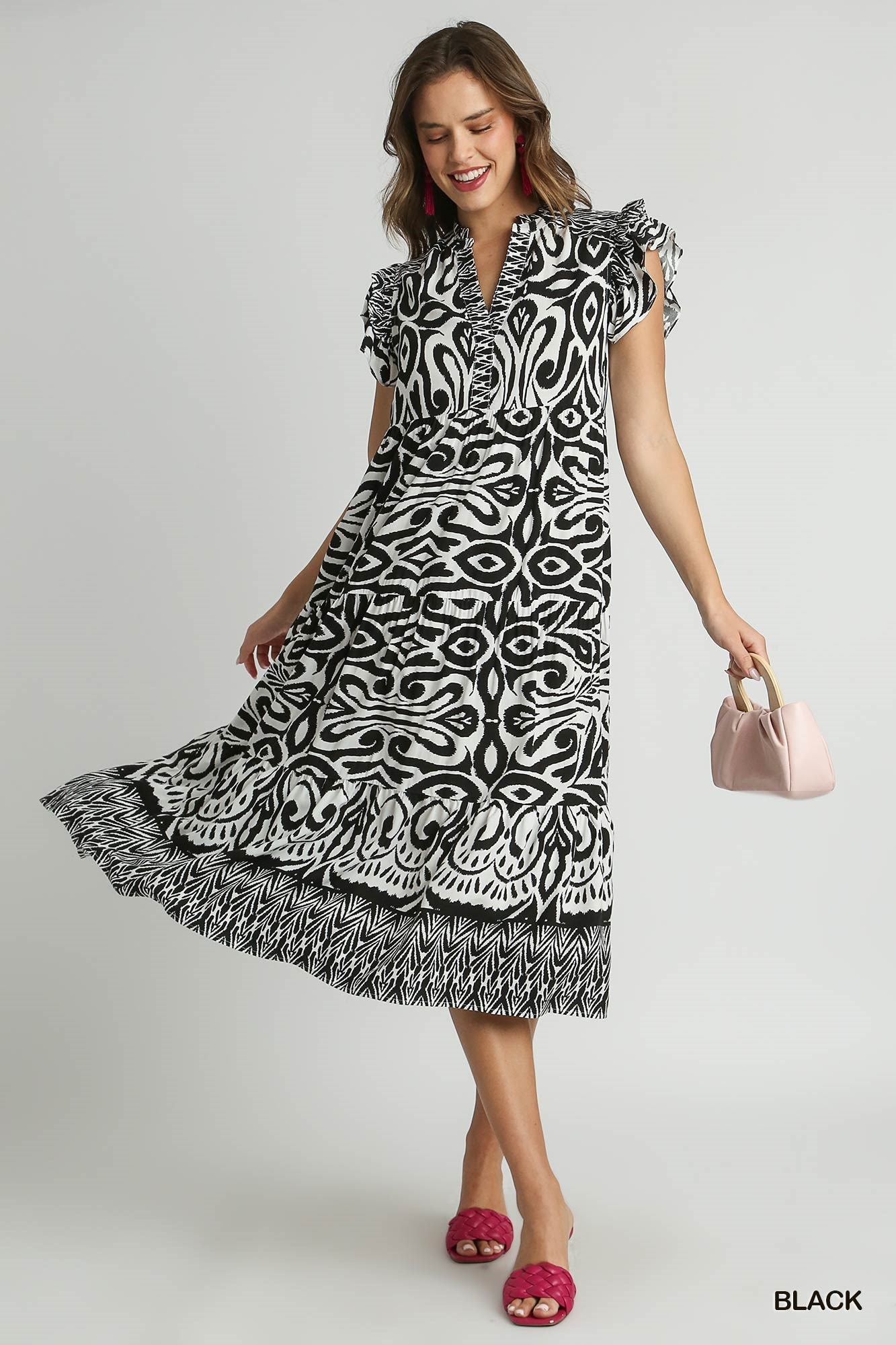 Black & White Print Midi Dress with Ruffle Sleeves