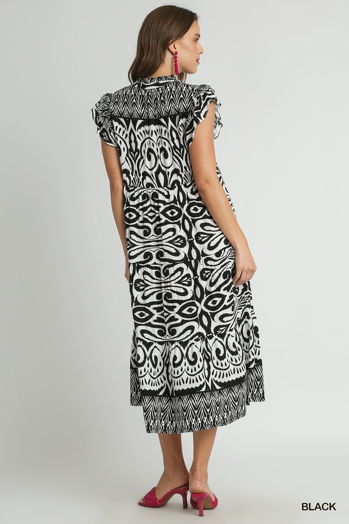 Black & White Print Midi Dress with Ruffle Sleeves