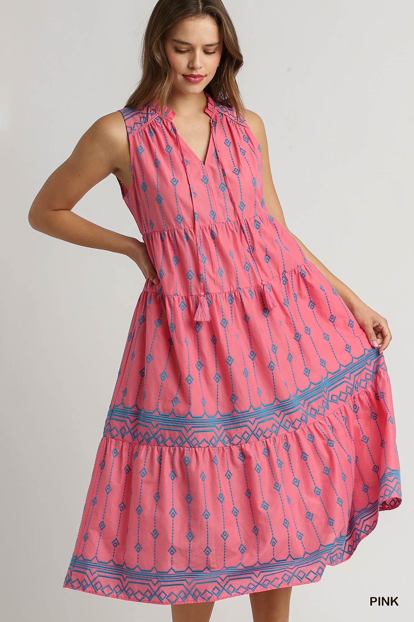 Pink Embroidery Sleeveless A-Line Midi Dress with Tassel Tie Neck