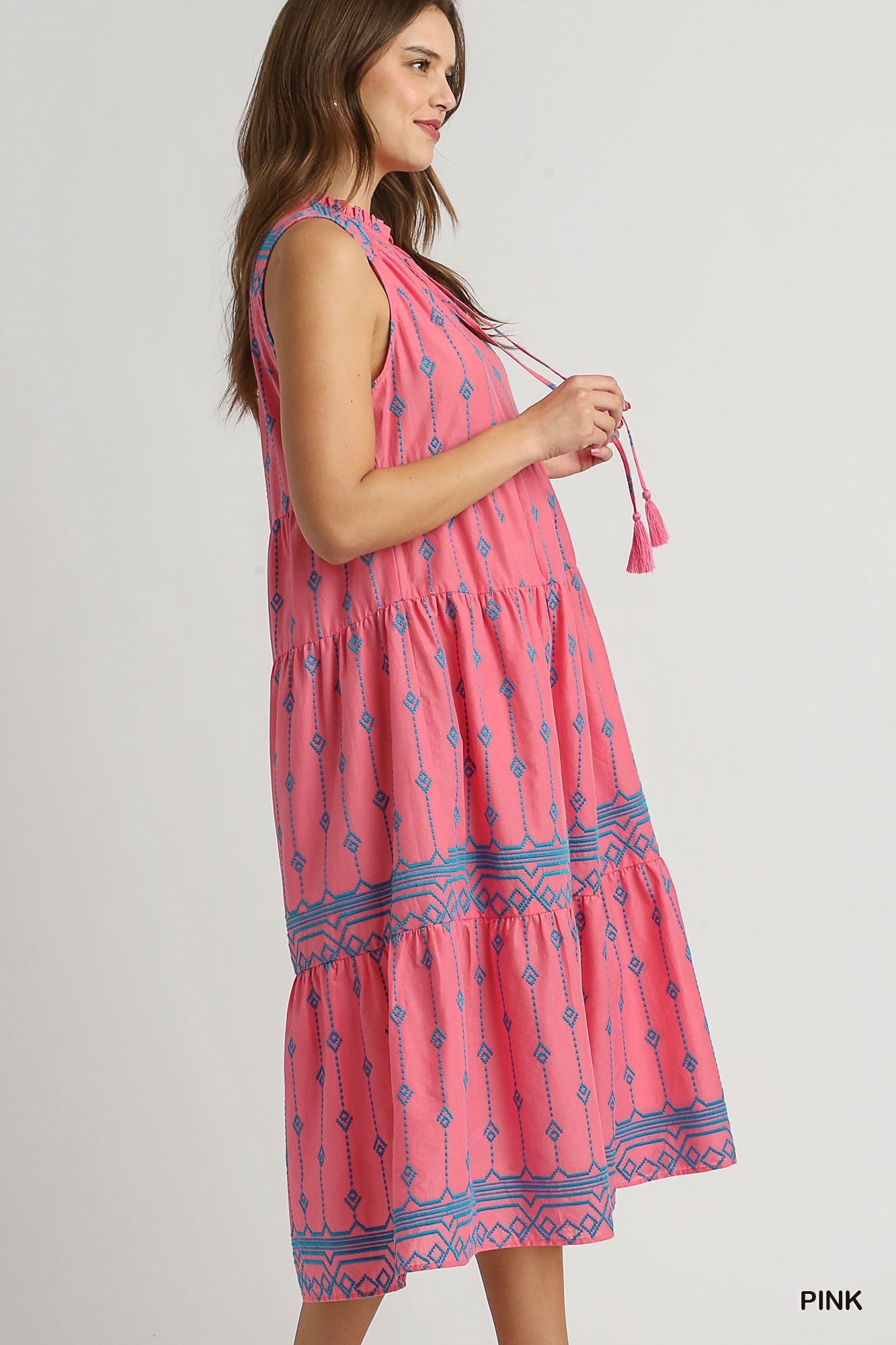 Pink Embroidery Sleeveless A-Line Midi Dress with Tassel Tie Neck