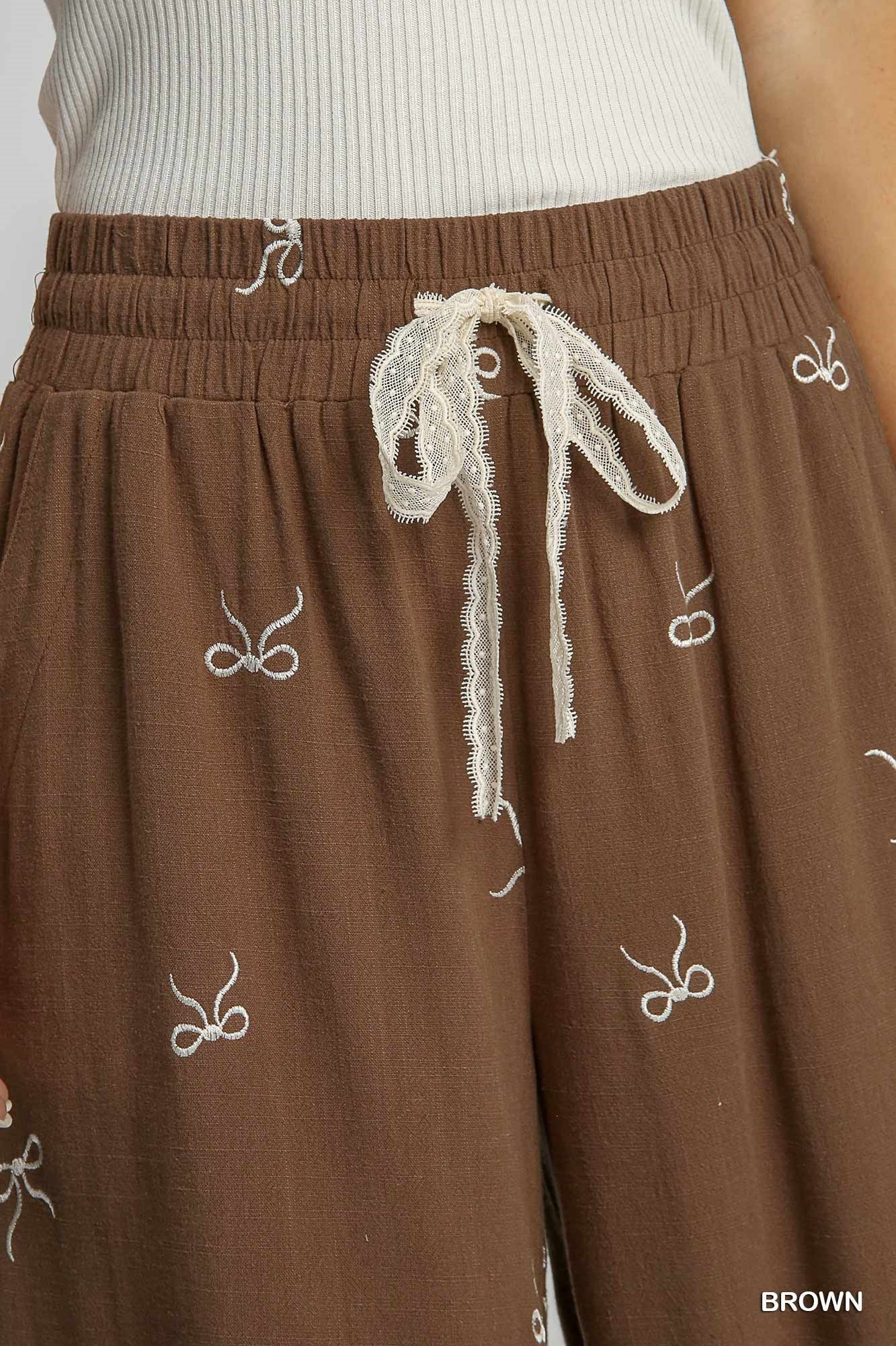 Brown Linen Blend Pants w/ Ecru Embroidered Bows