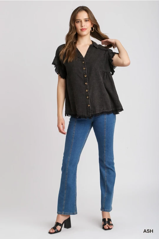 Black Mineral Wash Linen Blend Button Down Top