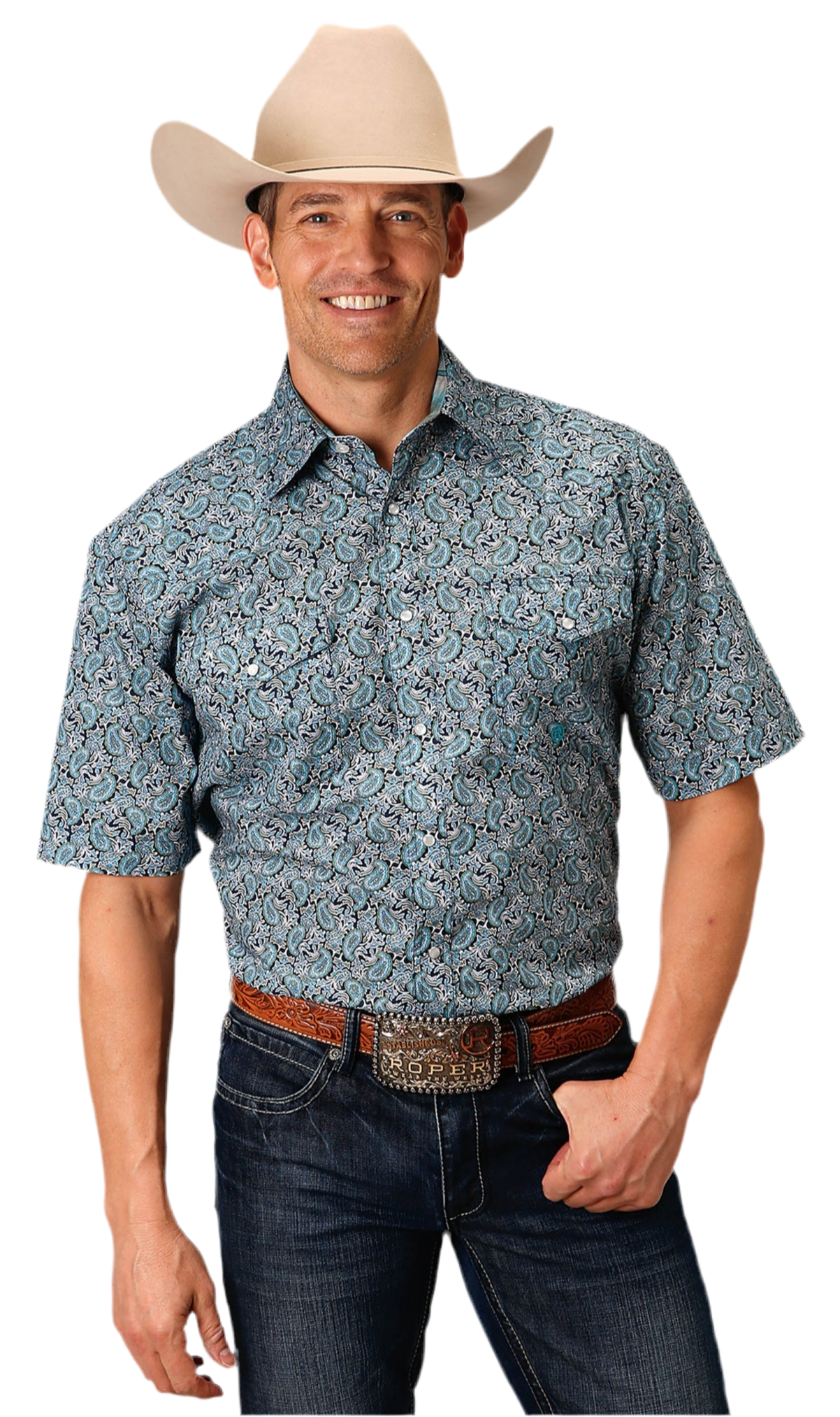 Men's Short Sleeve Snap Peacock Paisley Western Shirt