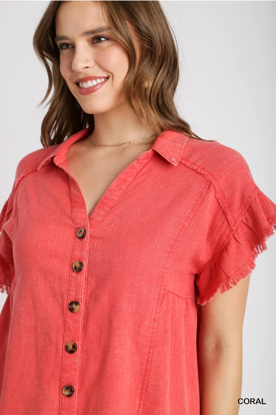 Coral Mineral Wash Linen Blend Button Down Top