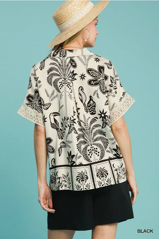 Cream & Black Abstract Border Print Top