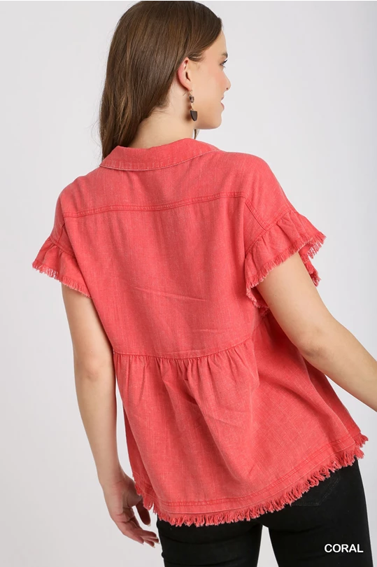 Coral Mineral Wash Linen Blend Button Down Top