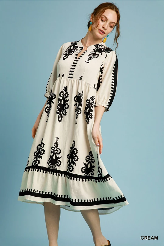 Cream & Black Two Tone Abstract Print Dress