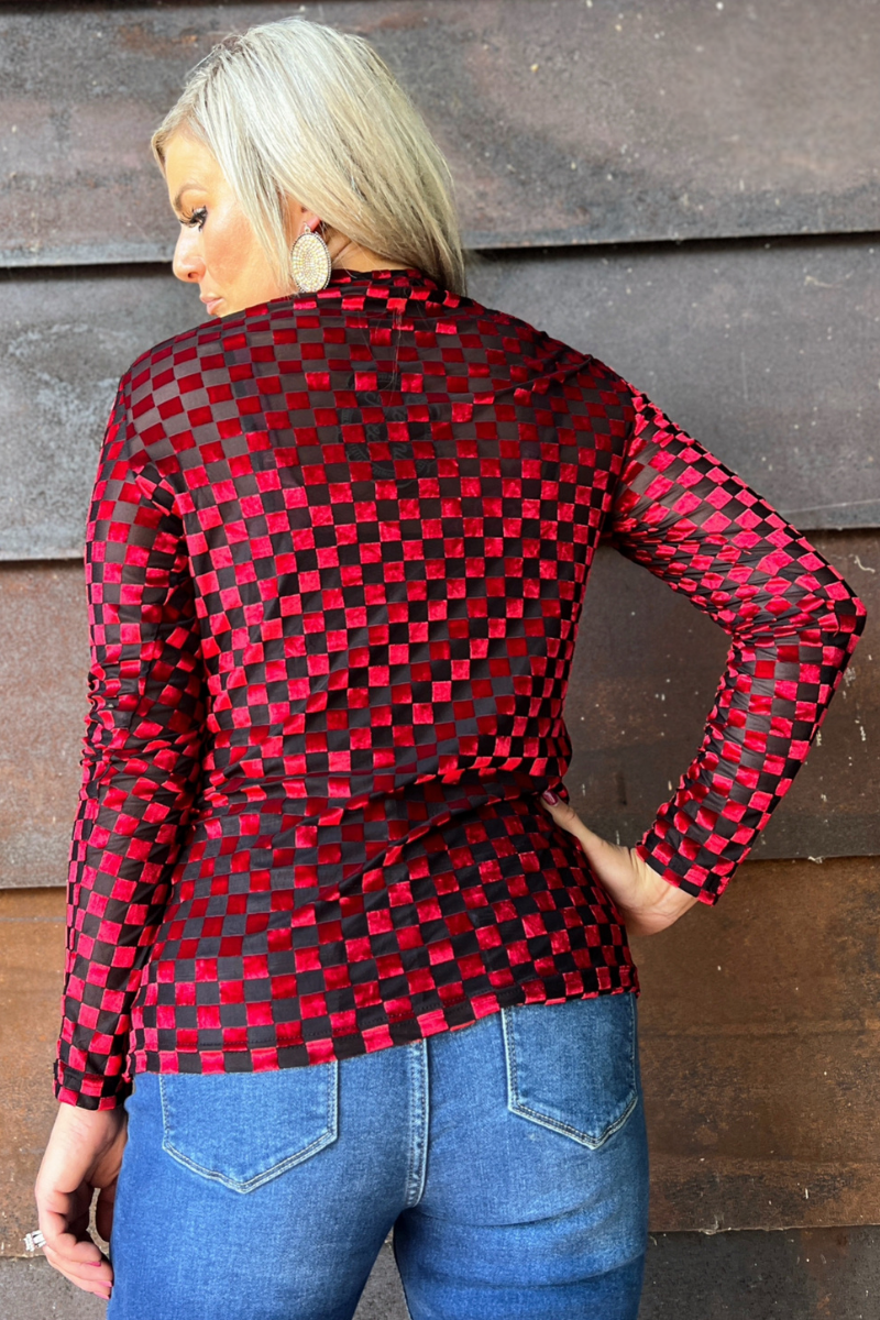 Red & Black Velvet Checkered Mesh Top