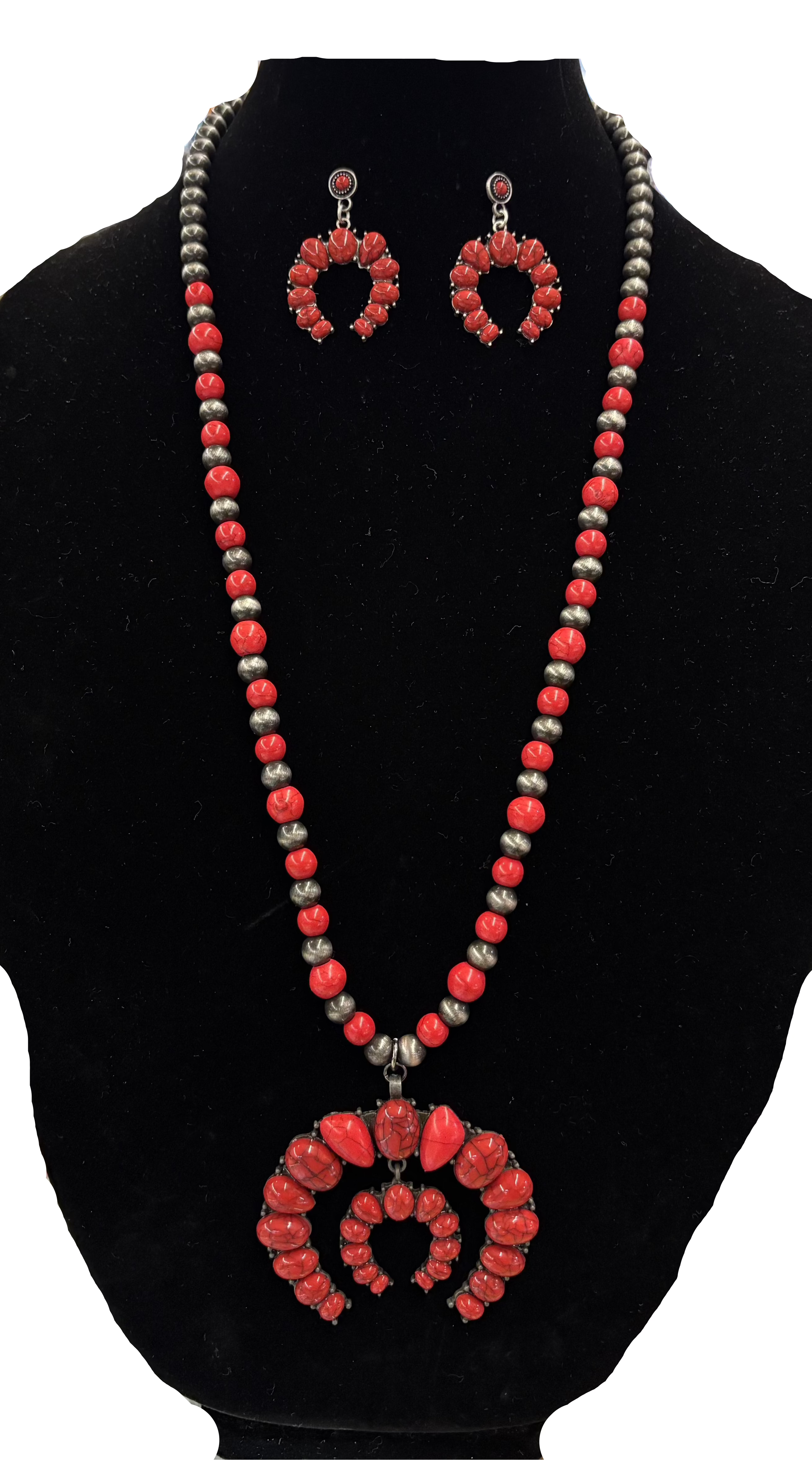 Navajo Pearl & Red Stones Necklace & Earring Set