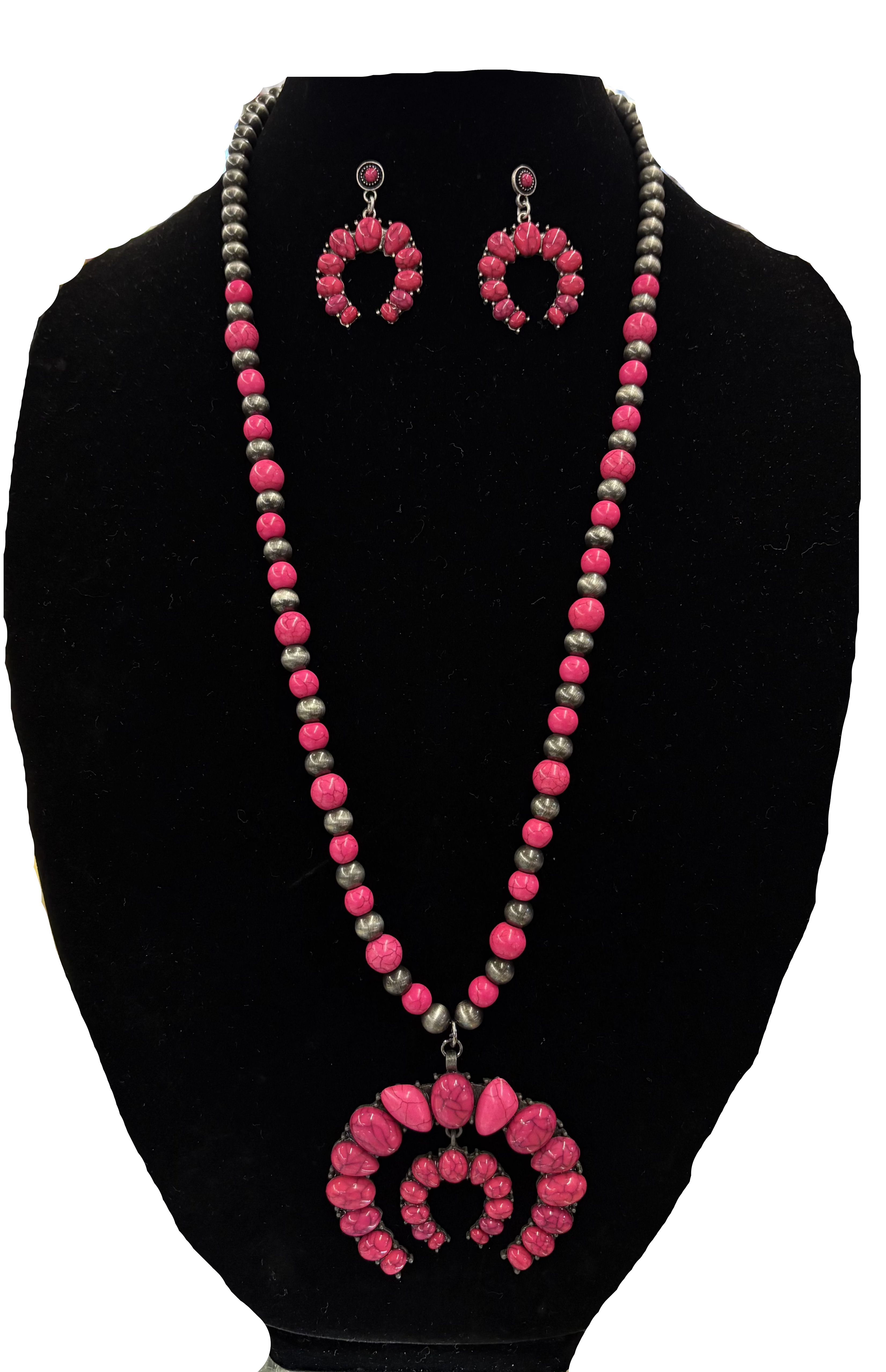 Navajo Pearl & Hot Pink Stones Necklace & Earring Set